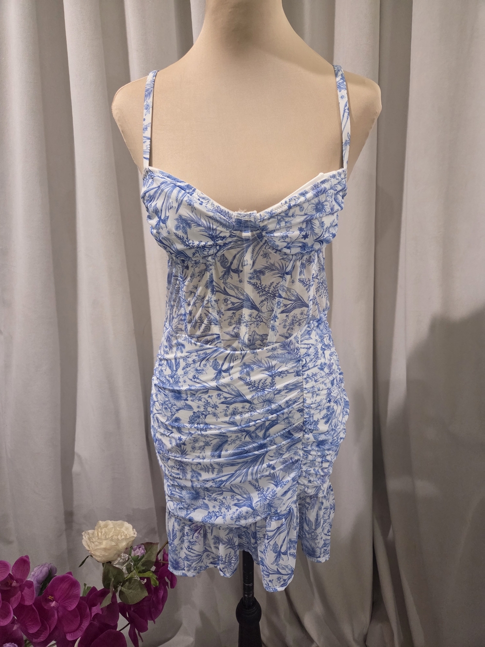 Blue & White Floral Ruched Mini Dress